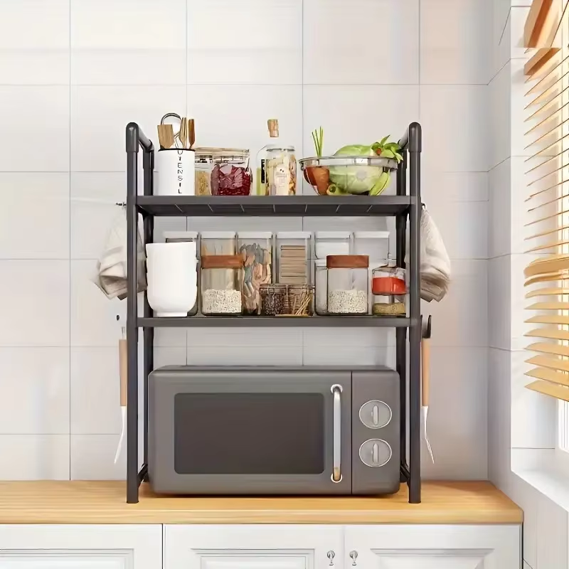 Kitchen Appliances Countertop - 新年：頑丈な調節可能/積み重ね可能/折りたたみ式伸縮式収納ラック/電子レンジスタンド - 複数のモデルをご用意、頑丈な金属製カウンタートップラック（上下棚付き）、省スペース電子レンジ上棚と小型家電収納/スパイスボトルキッチン用品ラック、フック付き - 簡単組み立てキッチンオーガナイザー